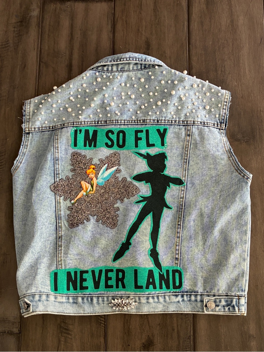 Disney Upcycled Peter Pan and Tinkerbell Neverland Denim Vest - Size XL - Picture 2 of 16